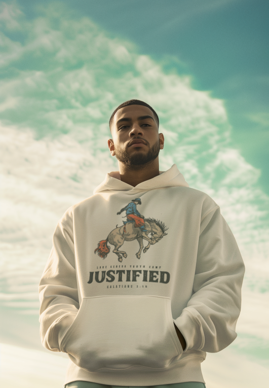 man wearing a hoodie with a cowboy on it