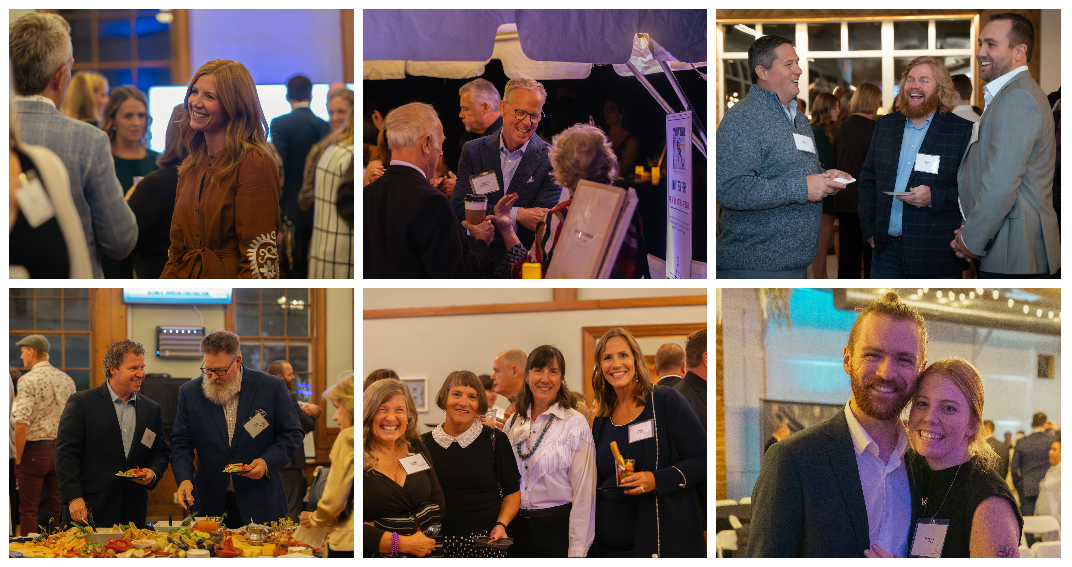 collage of gala photos with people dressed up and smiling near food tables
