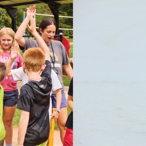 Family playing wiffle ball at Labor Day family camp on the left, and a family posed at a ski hill in the winter on the right