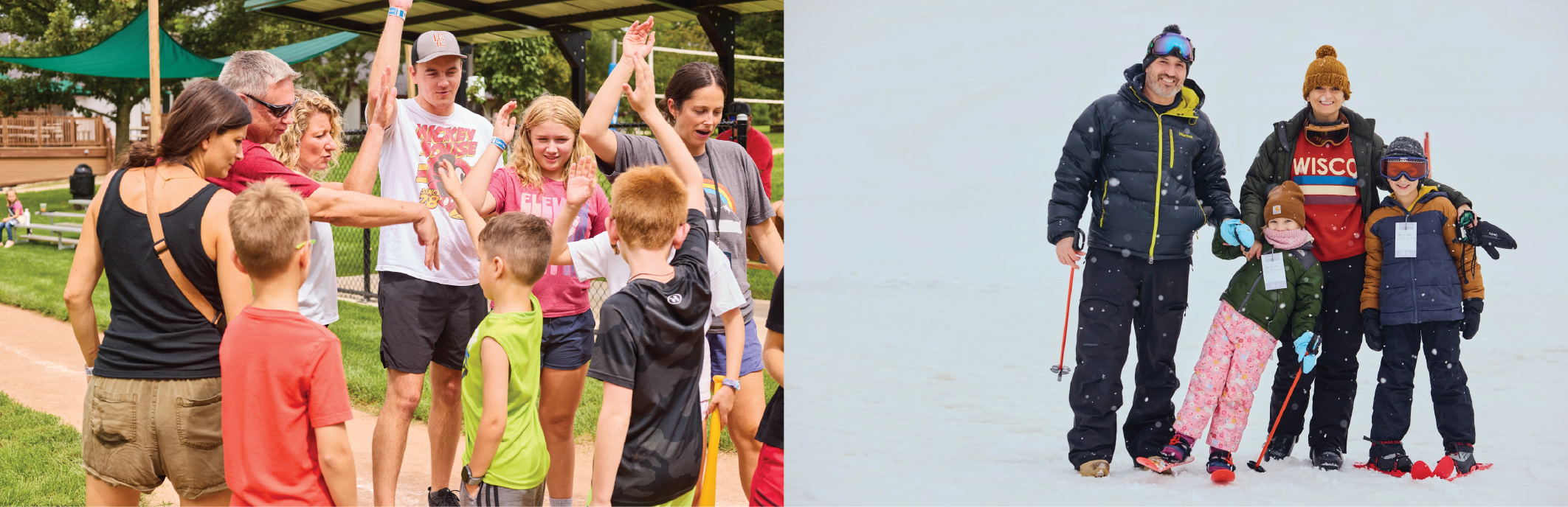 Family playing wiffle ball at Labor Day family camp on the left, and a family posed at a ski hill in the winter on the right